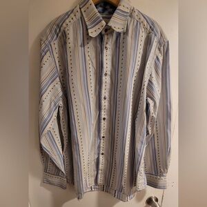 Robert Graham Men's Blue and White Striped Shirt XL